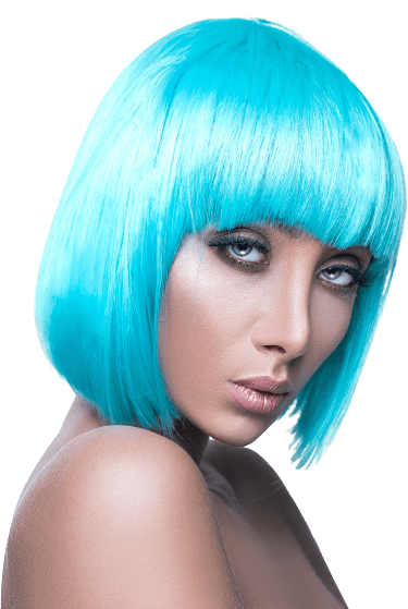 Hair salon management software user Woman with short blue hair.