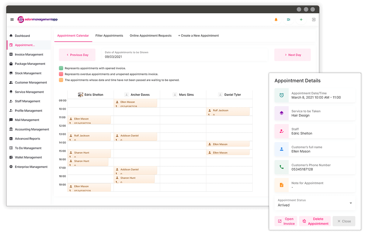 The best Hair salon software SalonManagementApp screenshot that illustrates appointment calendar and appointment details features of the app.