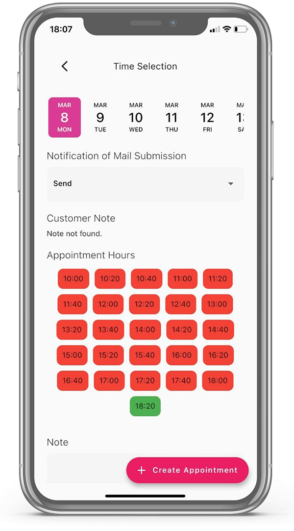 A mobile phone mockup of the best nail salon software SalonManagementApp that illustrates the feauture of appointment calendar.