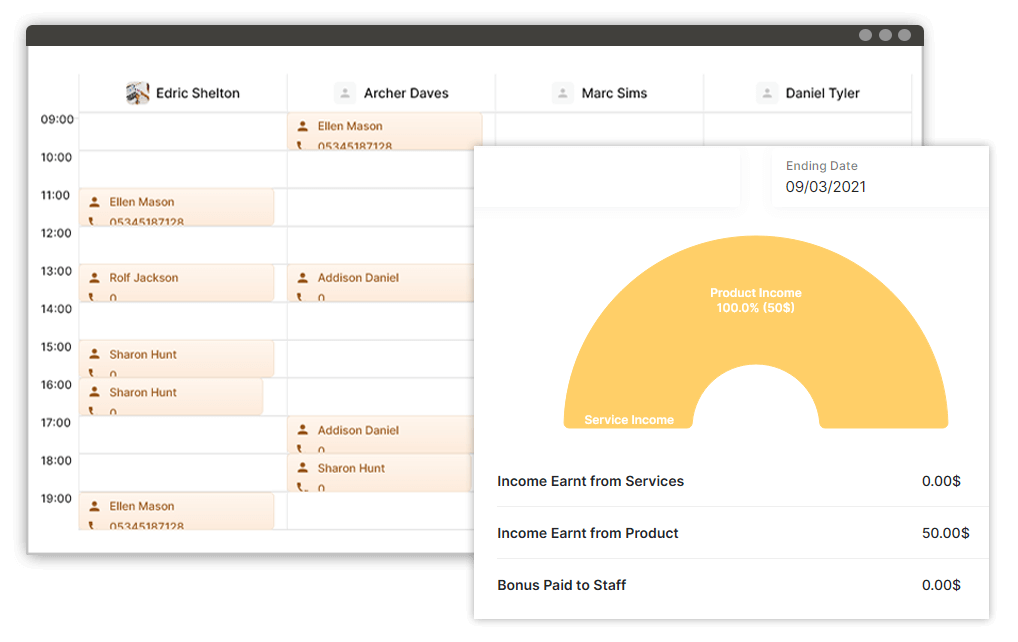 The best Beauty Salon Management Software SalonManagementApp screenshot that illustrates the appointment calendar and expense graph feature.