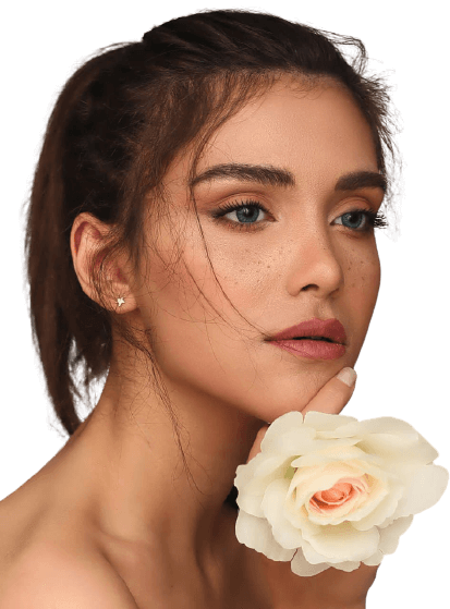 A Beauty Salon Booking Software user woman's side profile holding white rose.